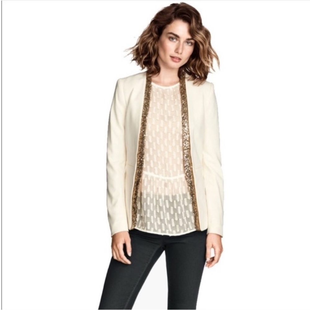 H&M Ivory Cream Open Front Blazer with Gold Sequin Trim